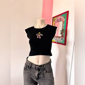 Cartoon Black and White Graphic Crop Top
